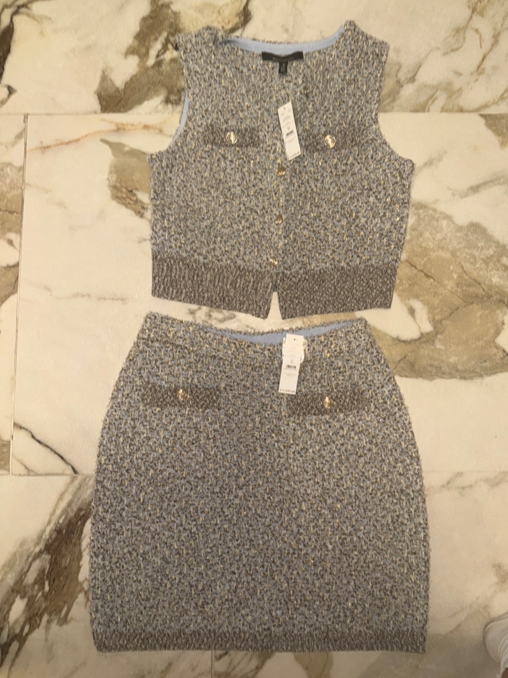 White House Black Market Light Blue Knit Two-Piece Skirt Set with Gold Buttons